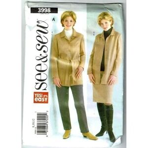 See & Sew 3998 Sewing Pattern Women Size 8 10 12 Tan Jacket Skirt Pants Easy